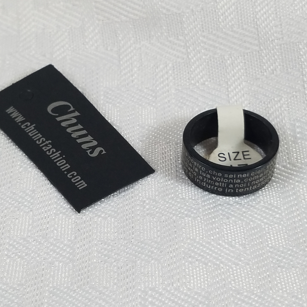 Unisex Black Chuns Ring w/Spanish Lords Prayer Sz 6.5 Gold Print Cross Latino